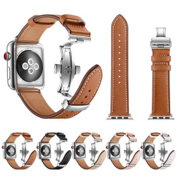 Leather Band for Apple Watch Series 5 4 44mm 40mm Silver Butterfly Clasp Wrist Bracelet Strap 1