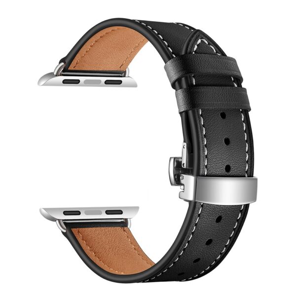 Leather Band for Apple Watch Series 5 4 44mm 40mm Silver Butterfly Clasp Wrist Bracelet Strap