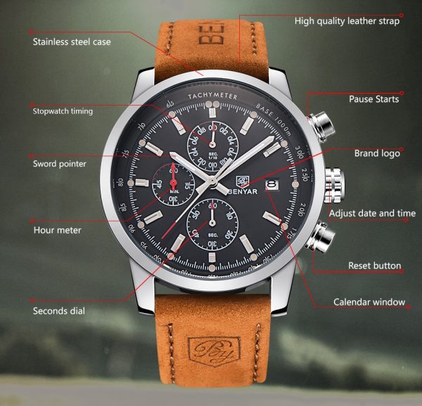 Mens Watch Benyar Luxury Brand Quartz Watch Sport leather waterproof Watch chronograph military Men s Watch 1