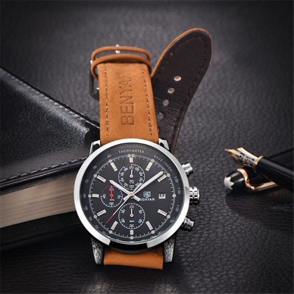 Mens Watch Benyar Luxury Brand Quartz Watch Sport leather waterproof Watch chronograph military Men s Watch 2