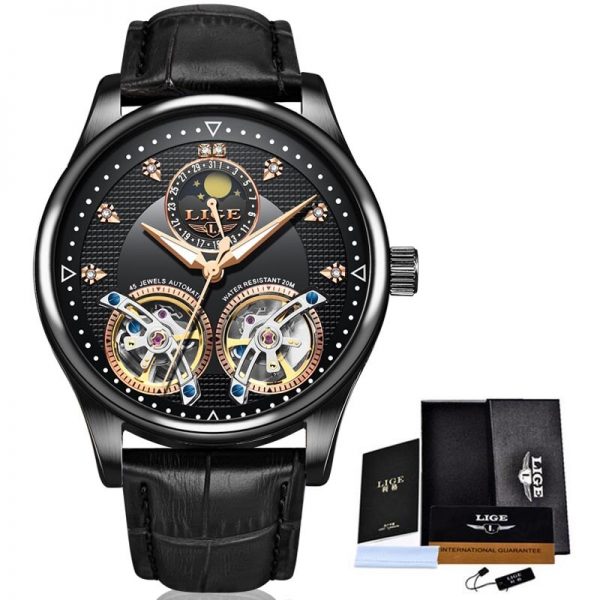 LIGE Authentic Top Brand Luxury Mens Watches Automatic Black Watch Men Stainless Steel Waterproof Business Mechanical